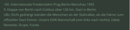 VIII. Internationale Friedensfahrt Prag-Berlin-Warschau 1955  9. Etappe von Berlin nach Cottbus über 126 km. Start in Berlin.  UBz: Dicht gedrängt standen die Menschen an der Stalinallee, als die Fahrer zum offiziellen Start fuhren. Unsere DDR-Mannschaft (von links nach rechts): Zabel, Reinecke, Grupe, Funda